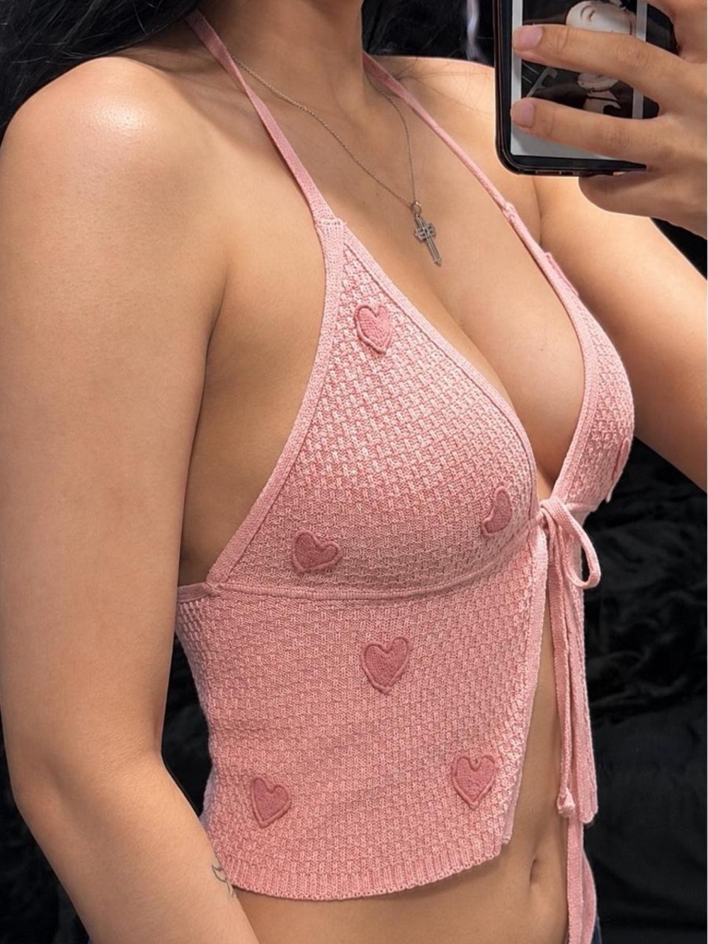 Social Tourist Pink Heart Appliqué Tie Front Halter Top XS